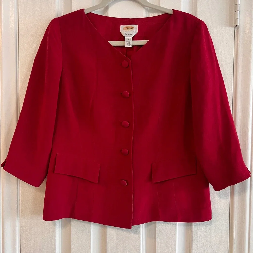 Talbots Petites Red 100% Pure Silk Blazer V-Neck 3/4 Sleeve Jacket Size 8P